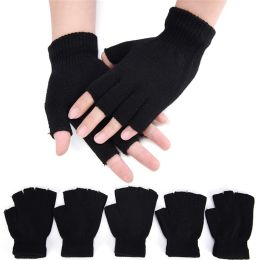 5 Pair Black Half Finger Fingerless Gloves For Women And Men Wool Knit Wrist Cotton Gloves Winter Warm Workout Gloves