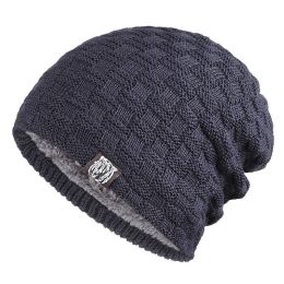 Men's Large Head Circumference Thickeden Woolen Warm Ear Protection Cold Hat For Autumn And Winter (Color: Navy blue)