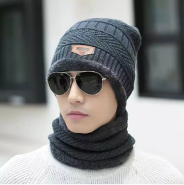 Winter Beanie Hat Scarf Sets Warm Knit Hat Thick Fleece Lined Winter Hat for Men Women (Color: Gray)