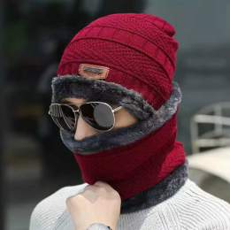 Winter Beanie Hat Scarf Sets Warm Knit Hat Thick Fleece Lined Winter Hat for Men Women (Color: Red)