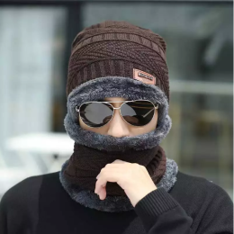 Winter Beanie Hat Scarf Sets Warm Knit Hat Thick Fleece Lined Winter Hat for Men Women (Color: Brown)