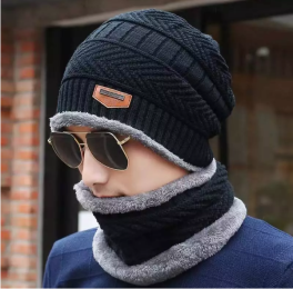 Winter Beanie Hat Scarf Sets Warm Knit Hat Thick Fleece Lined Winter Hat for Men Women (Color: Black)